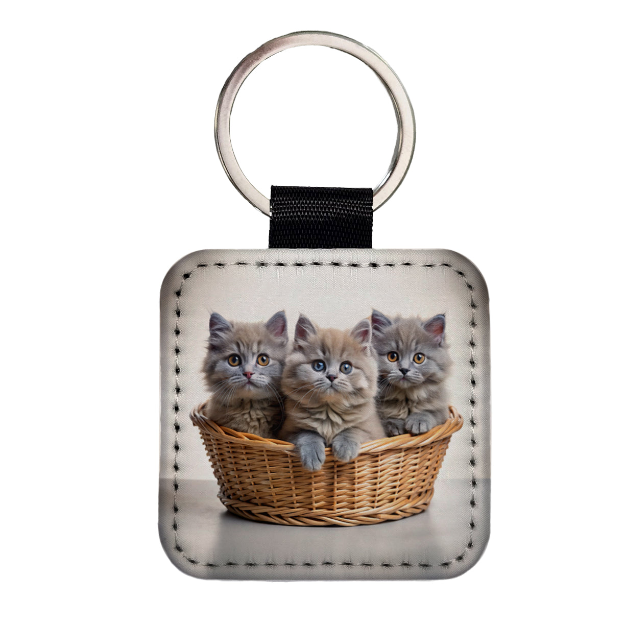 Gray British Longhair Kittens In A Basket Square Faux Leather Keychain