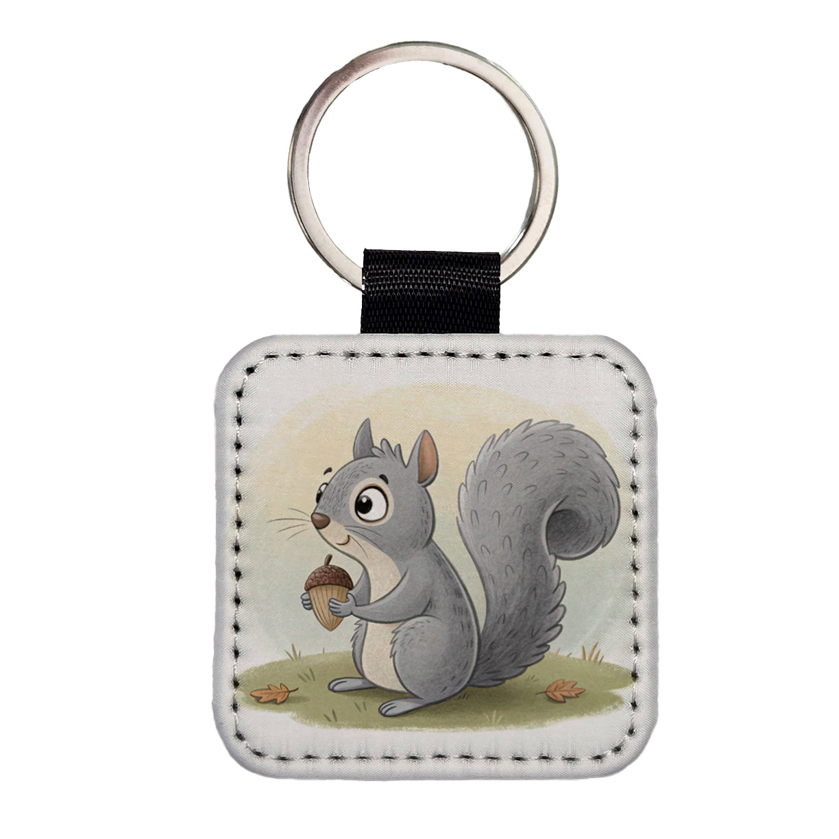 Gray Squirrel Children's Illustration Style Square Faux Leather Keychain