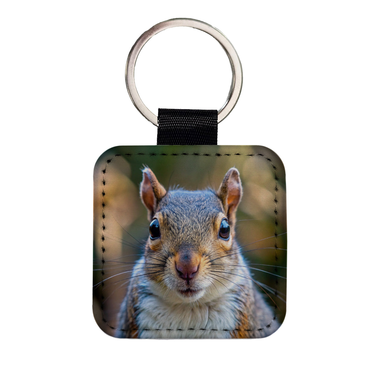 Gray Squirrel Face Square Faux Leather Keychain