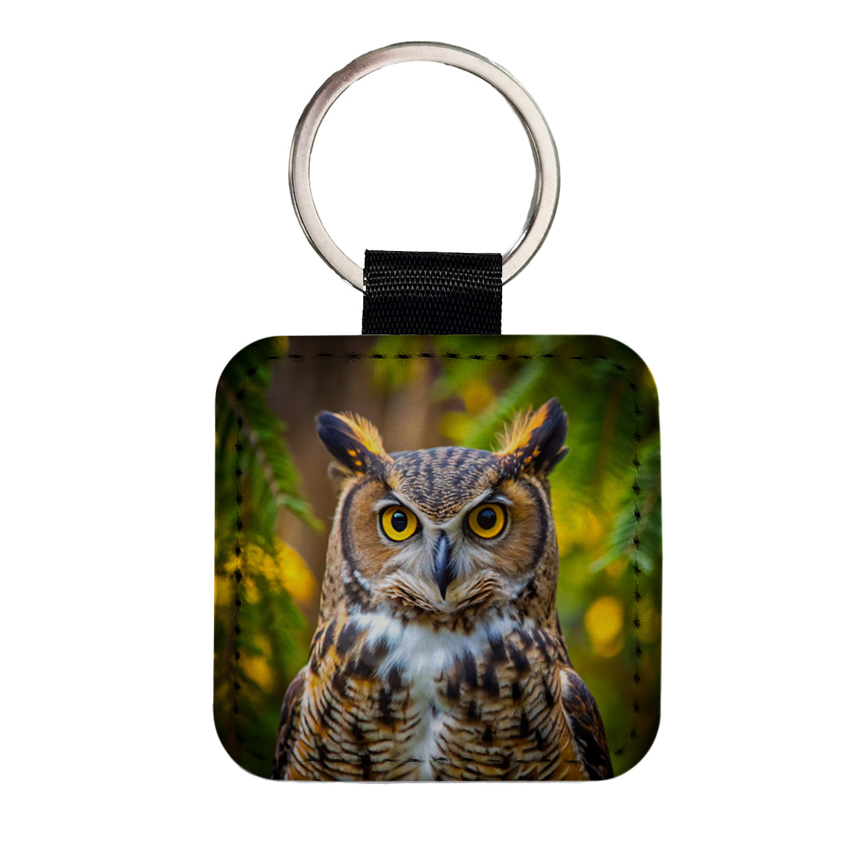 Great Horned Owl Raptor Bird Of Prey Square Faux Leather Keychain