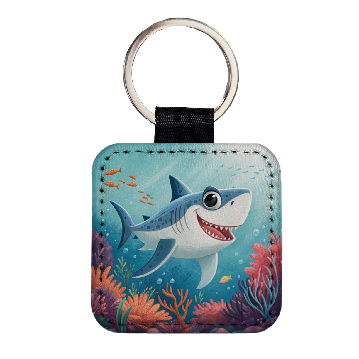 Great White Shark Children's Illustration Style Square Faux Leather Keychain
