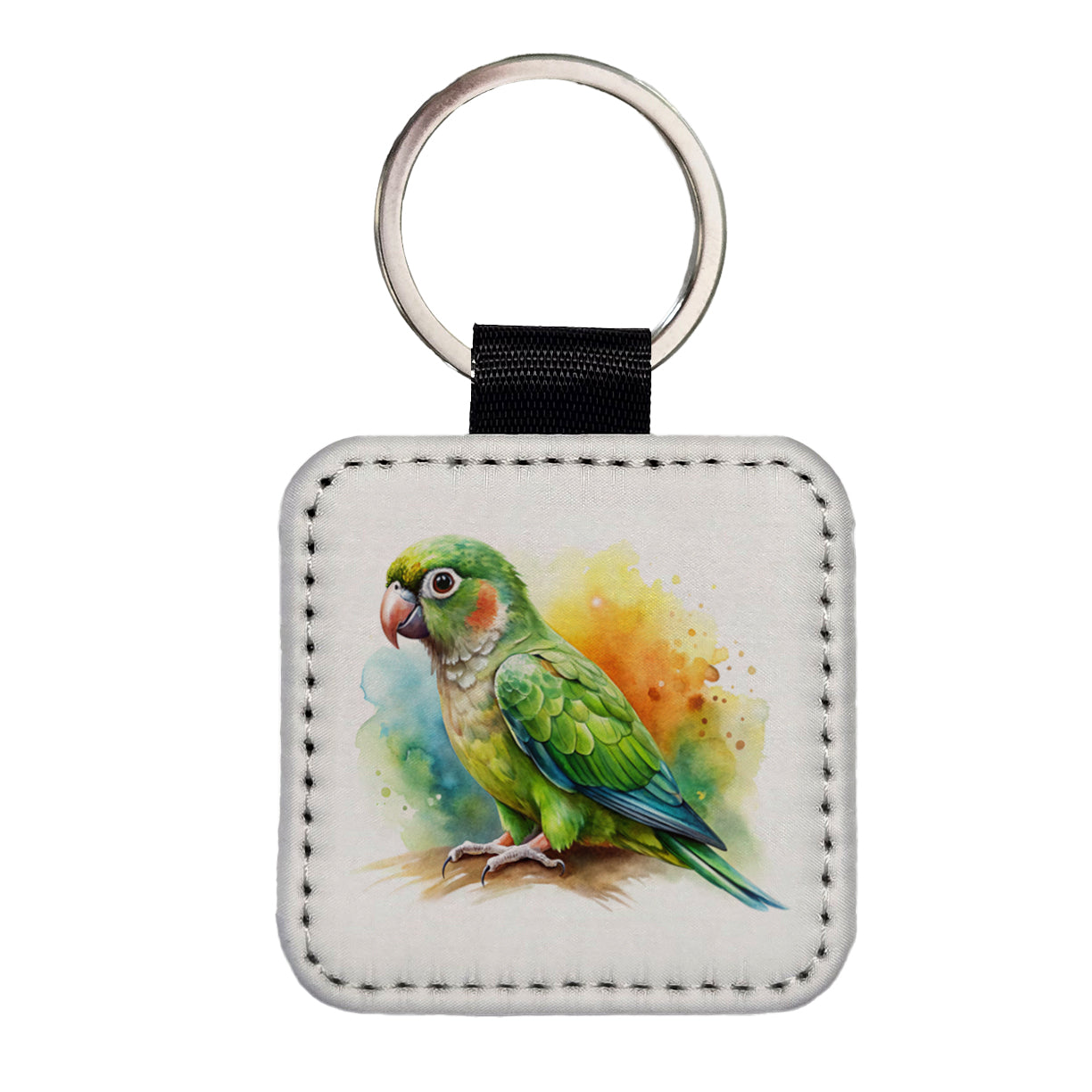 Green Conure Parakeet Bird Watercolor Square Faux Leather Keychain