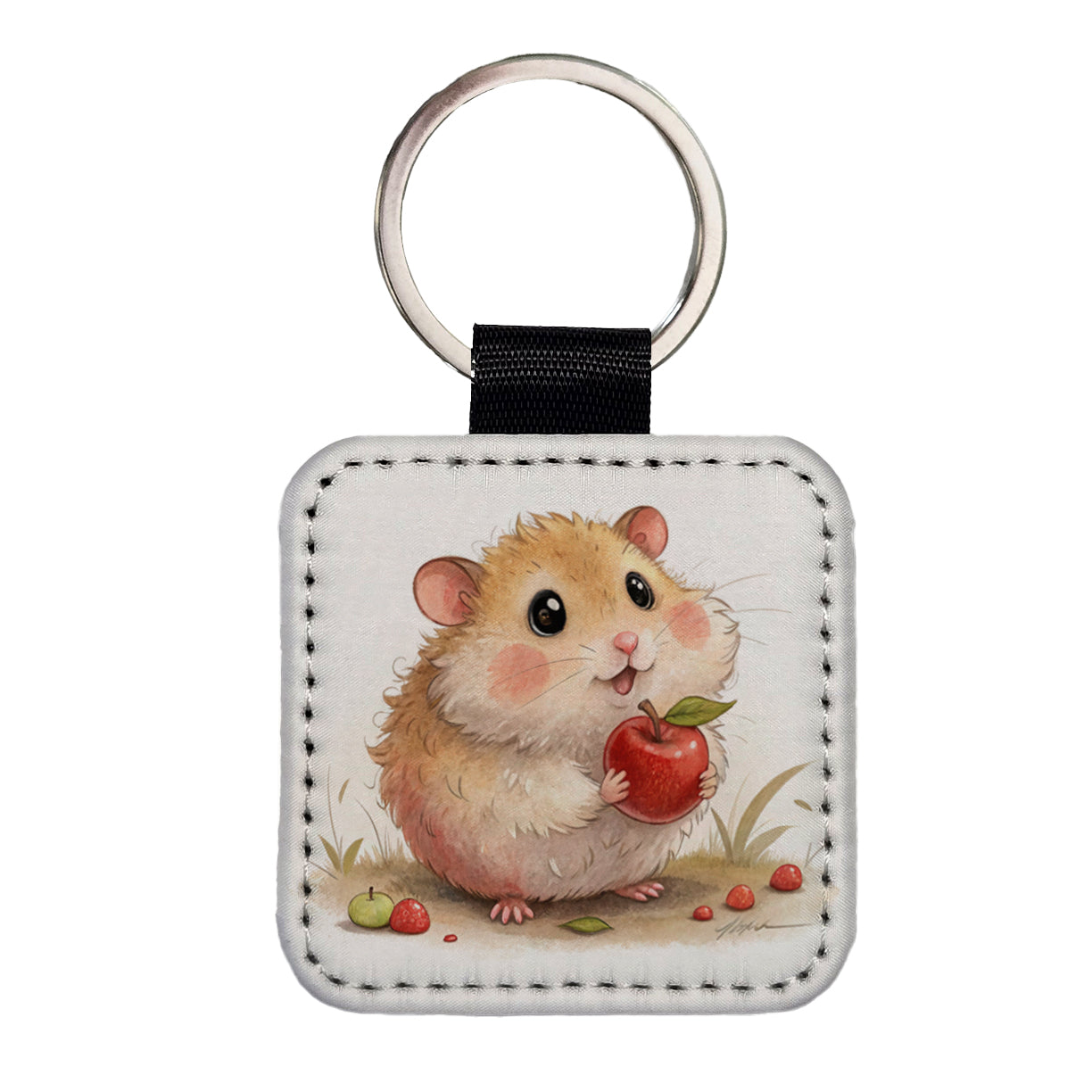 Hamster Children's Illustration Style Square Faux Leather Keychain