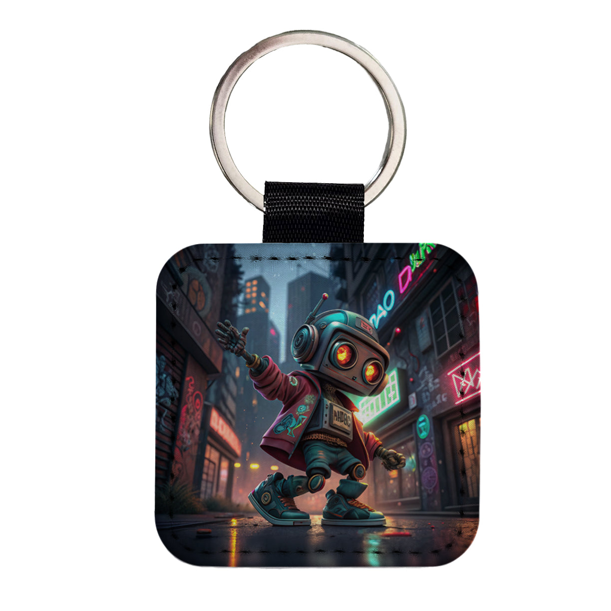 Hip Hop Sci-fi Dancing Robot Square Faux Leather Keychain