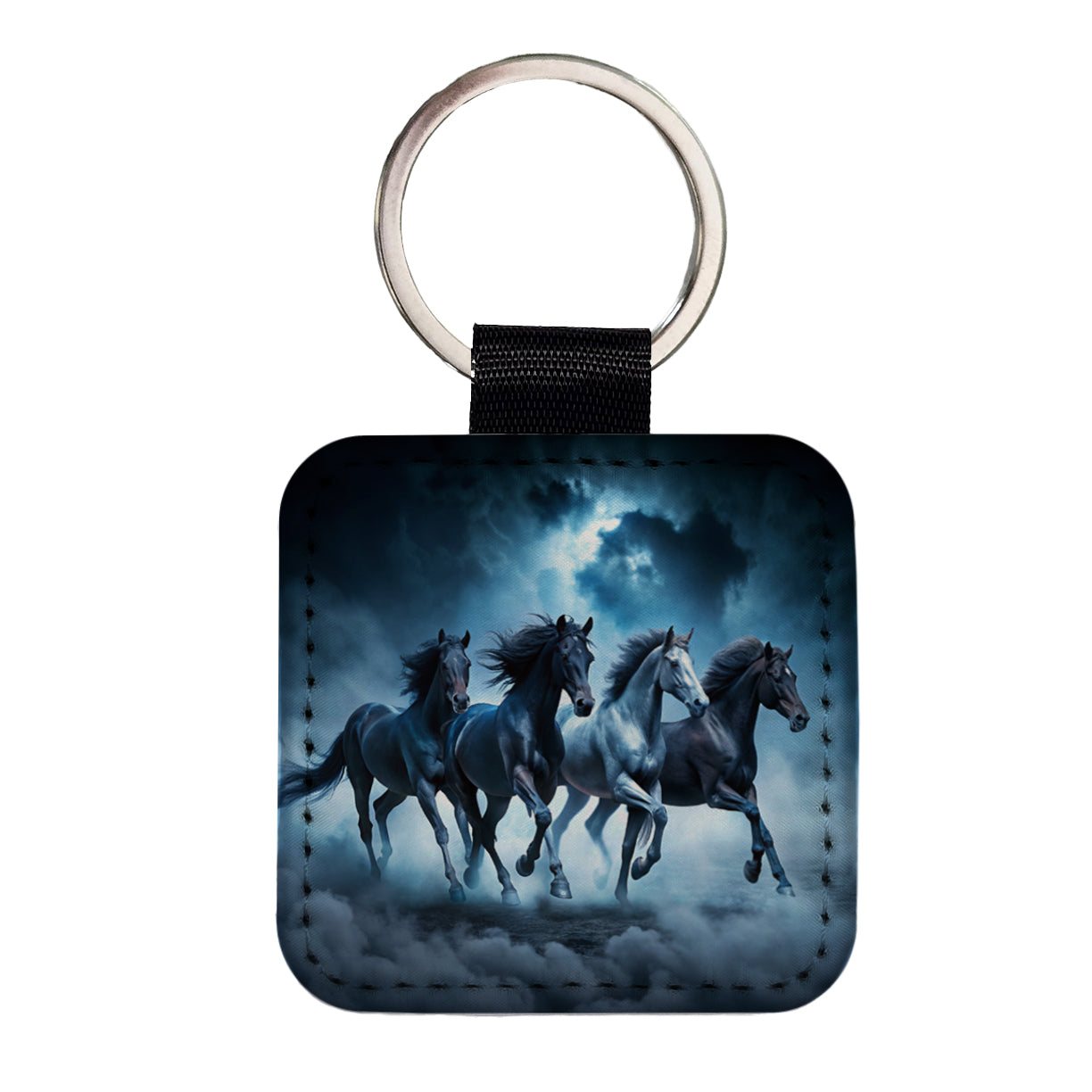 Horses Galloping Out Of The Night Mists Square Faux Leather Keychain