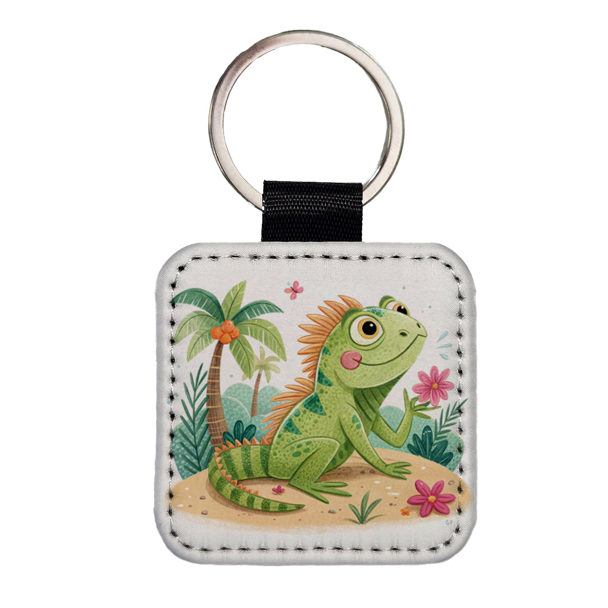 Iguana Lizard Children's Illustration Style Square Faux Leather Keychain