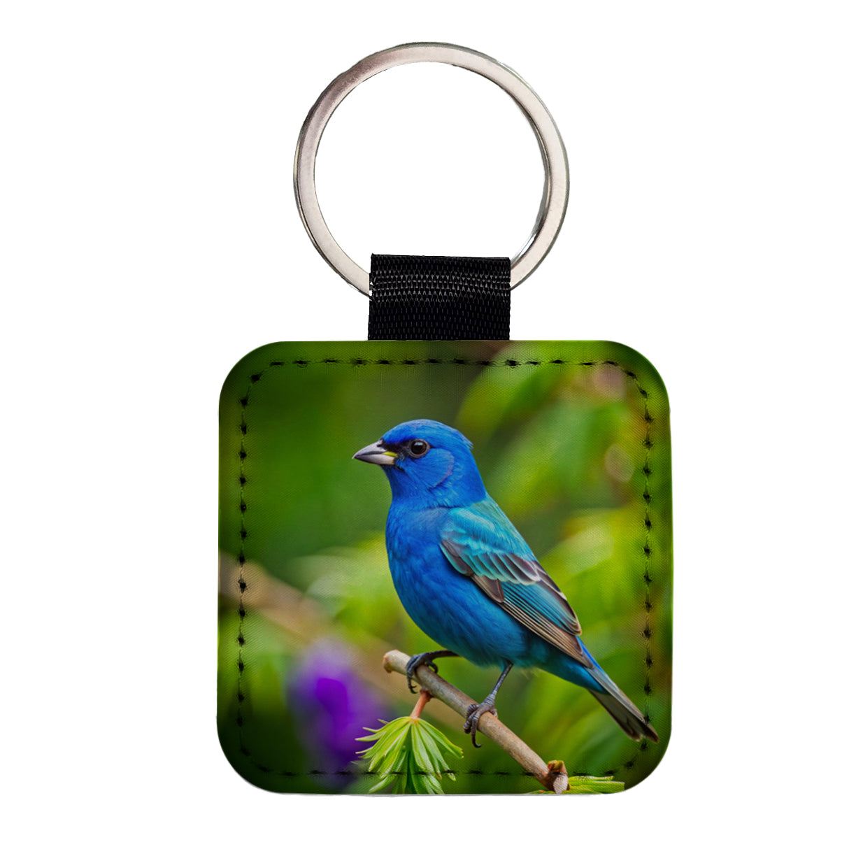 Indigo Bunting Backyard Bird Square Faux Leather Keychain