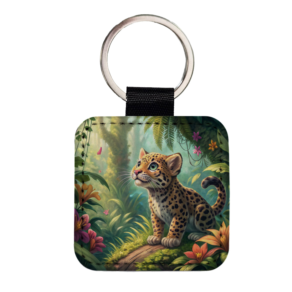 Jaguar Cat In Jungle Children's Illustration Style Square Faux Leather Keychain