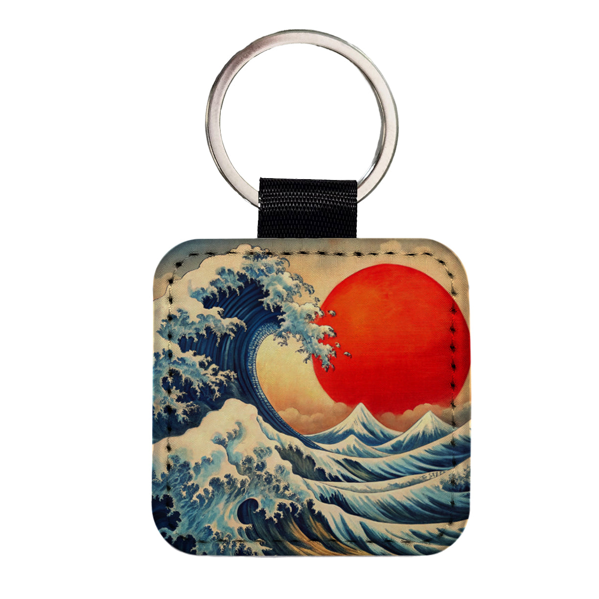 Japanese Blue Ocean Waves Large Red Sun Ink Painting Square Faux Leather Keychain