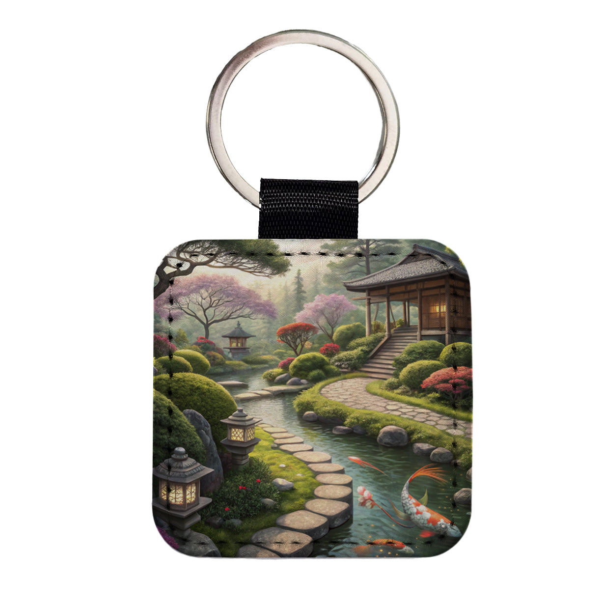 Japanese Garden with Koi Square Faux Leather Keychain