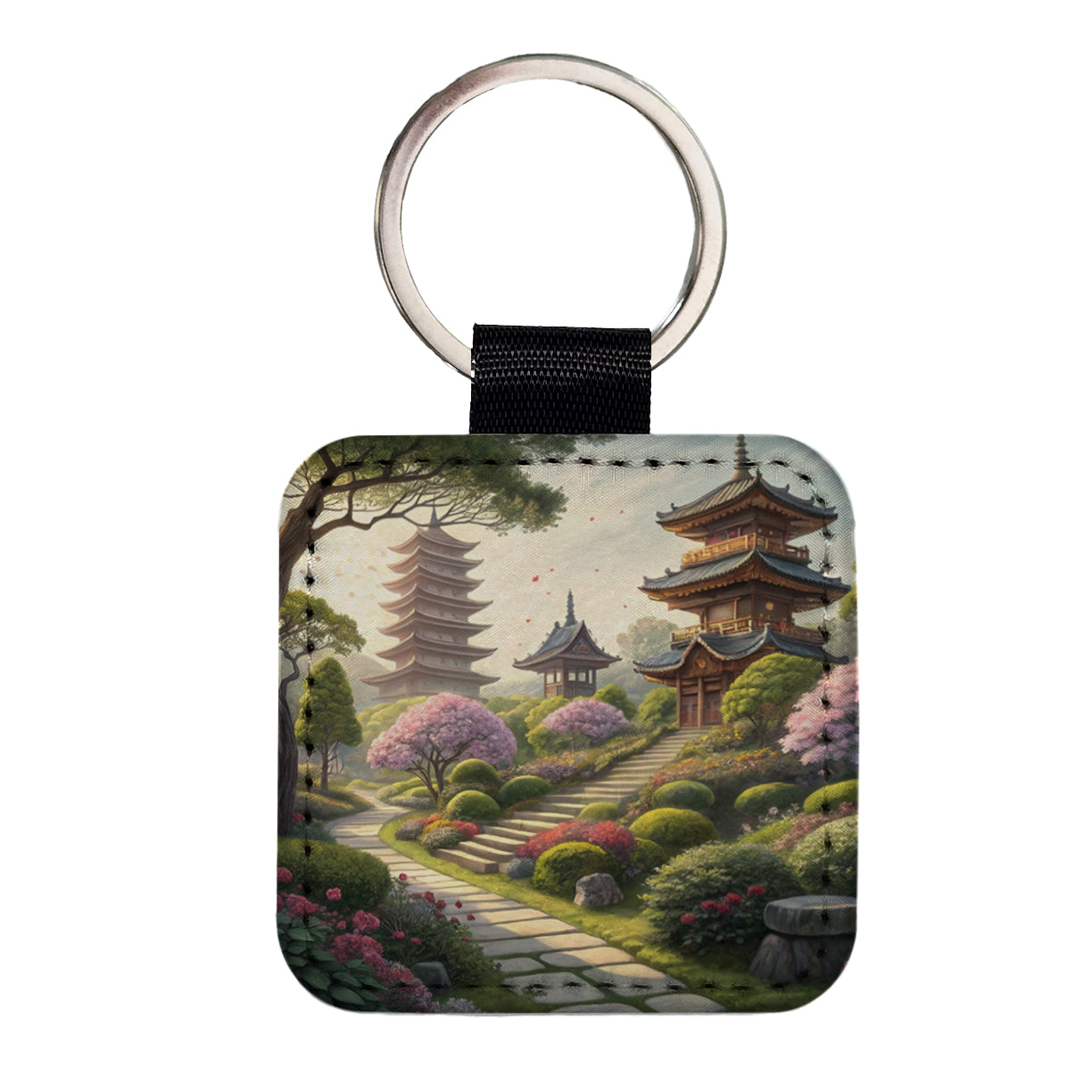 Japanese Garden With Pagodas Square Faux Leather Keychain