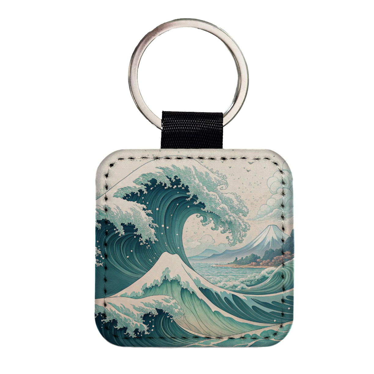 Japanese Ocean Waves Cartoon Square Faux Leather Keychain
