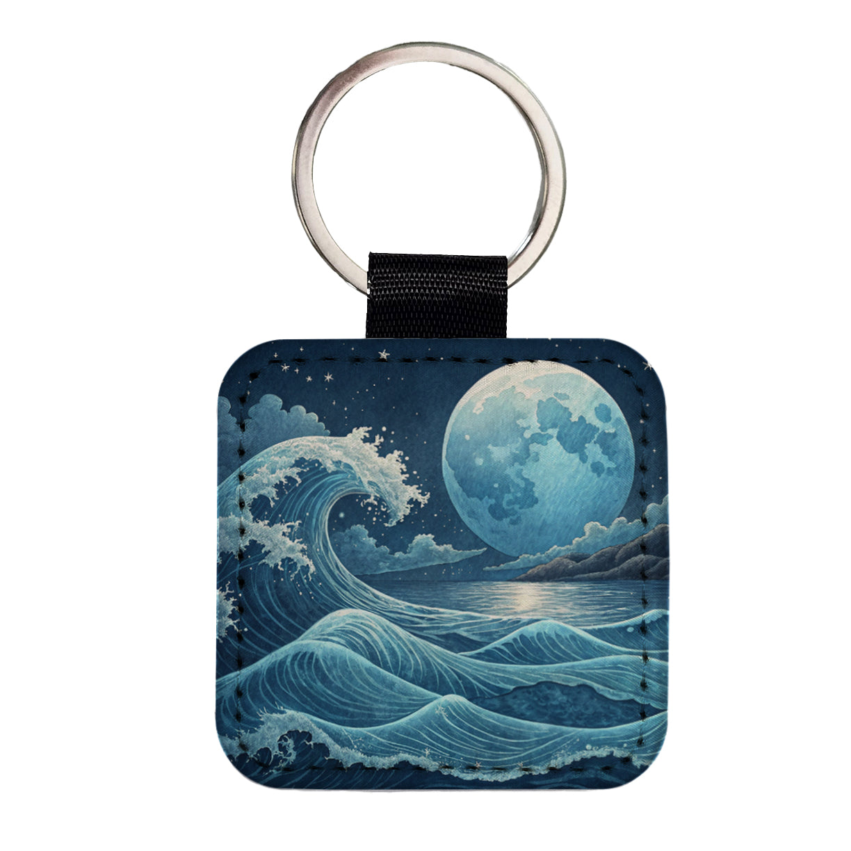 Japanese Ocean Waves Under Large Moon Square Faux Leather Keychain