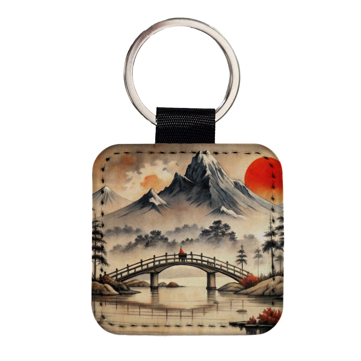 Japanese Style Ink Painting Bridge Over Water Landscape Square Faux Leather Keychain