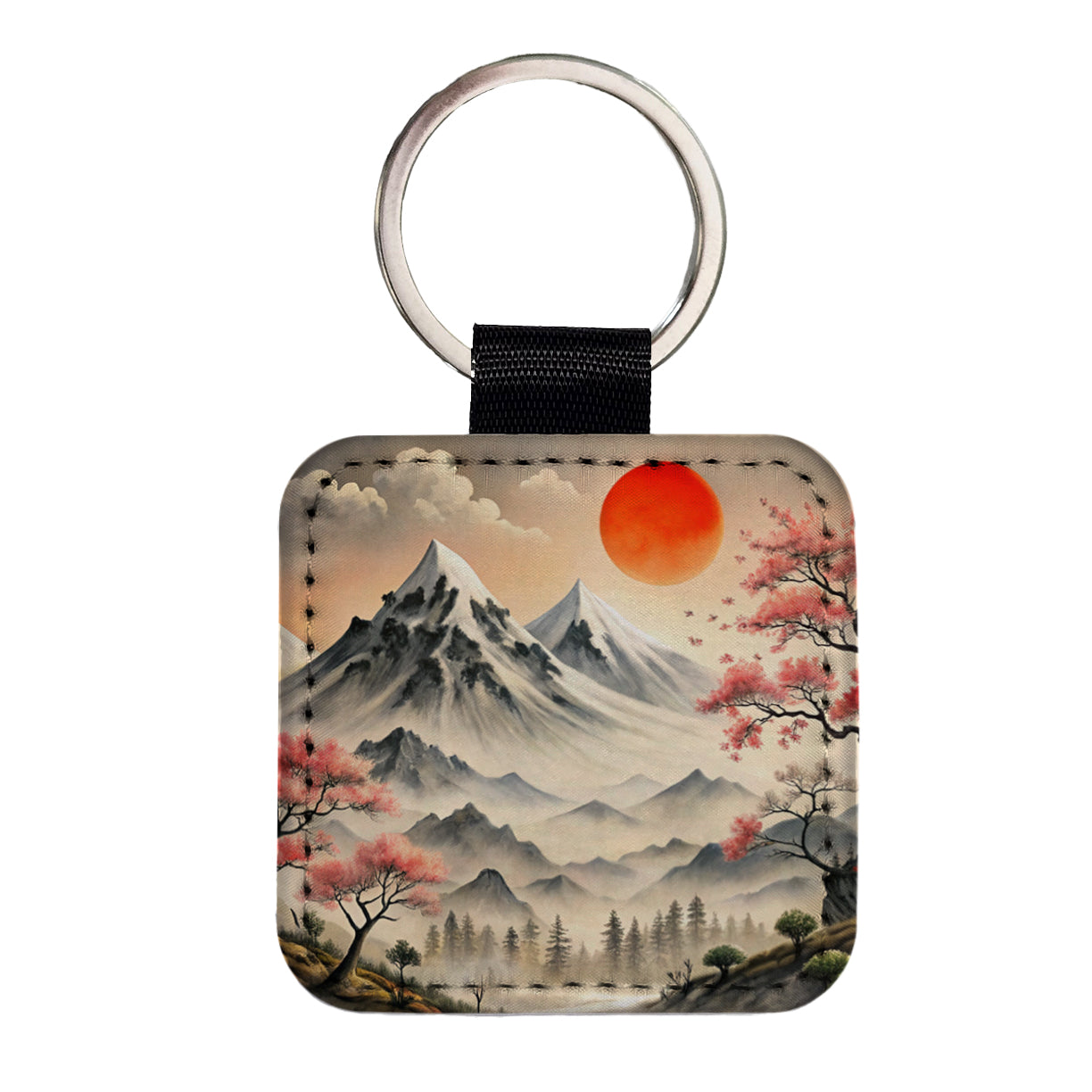 Japanese Style Ink Painting Landscape Mountains Under Red Sun Square Faux Leather Keychain