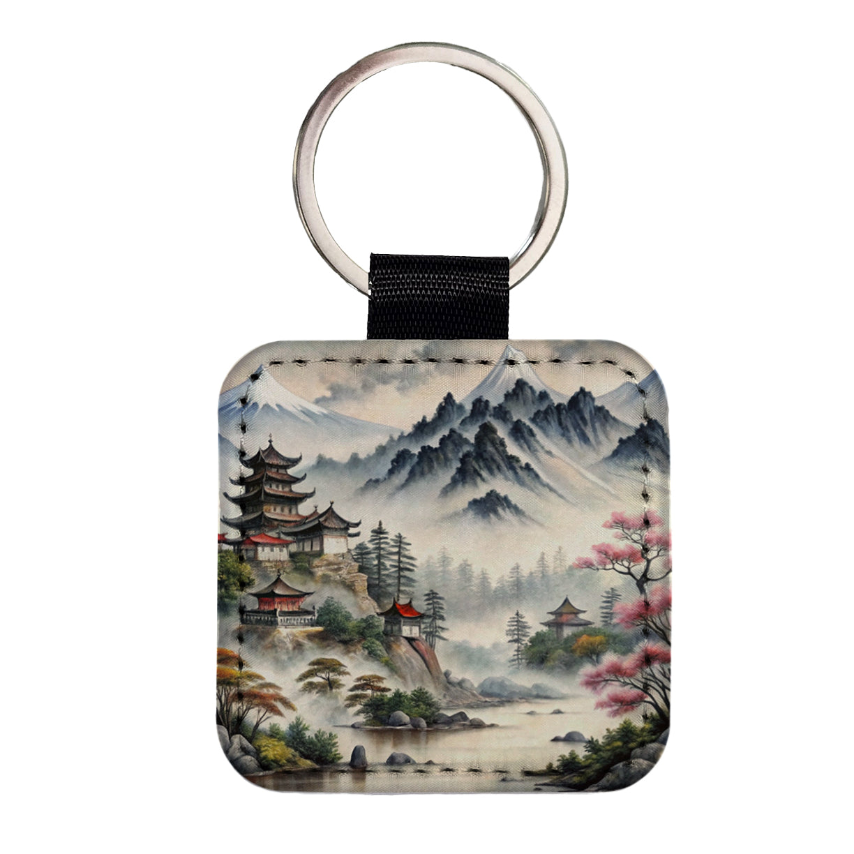 Japanese Style Ink Painting Mountain Landscape Square Faux Leather Keychain