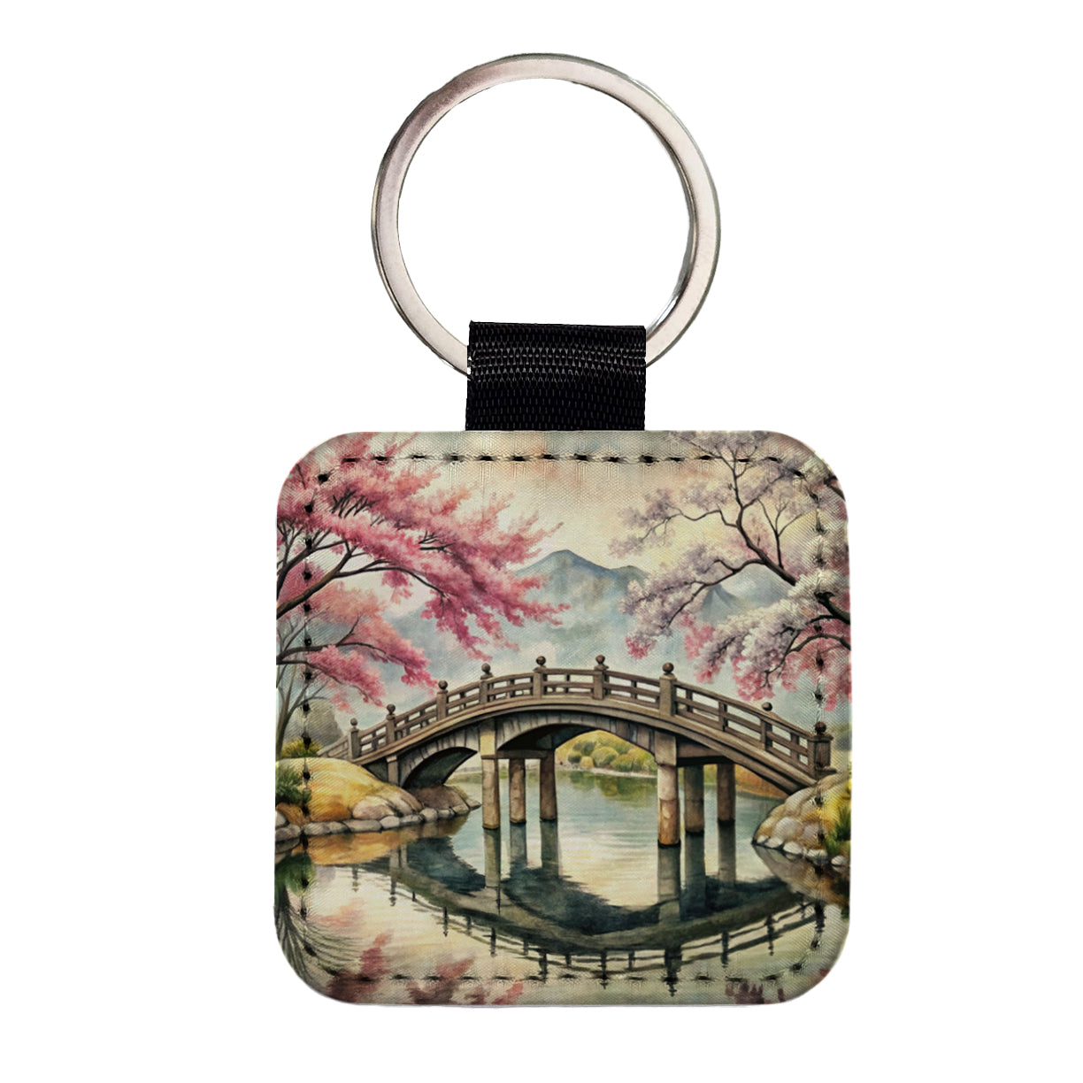 Japanese Style Ink Painting Sakura Trees Bridge Water Landscape Square Faux Leather Keychain