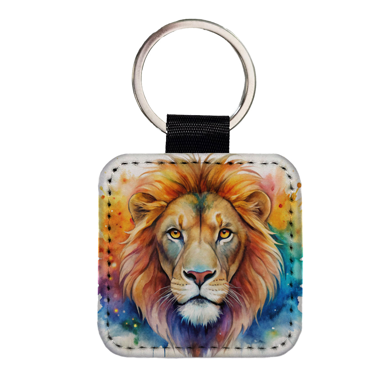 Lion Face Watercolor Square Faux Leather Keychain