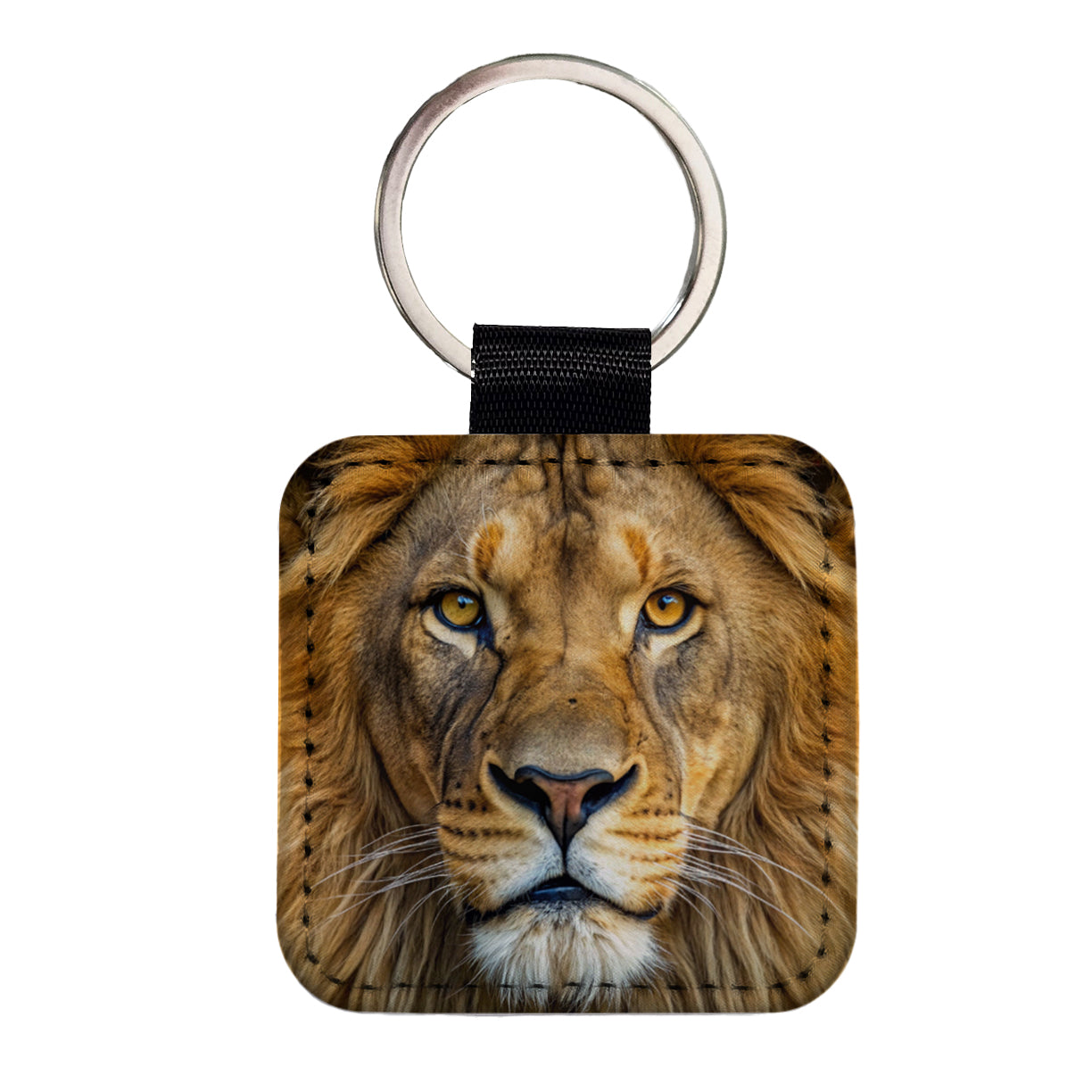 Lion Face Square Faux Leather Keychain