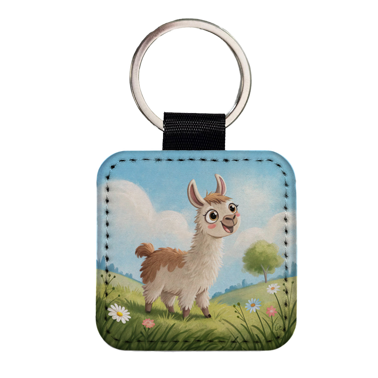Llama Children's Illustration Style Square Faux Leather Keychain