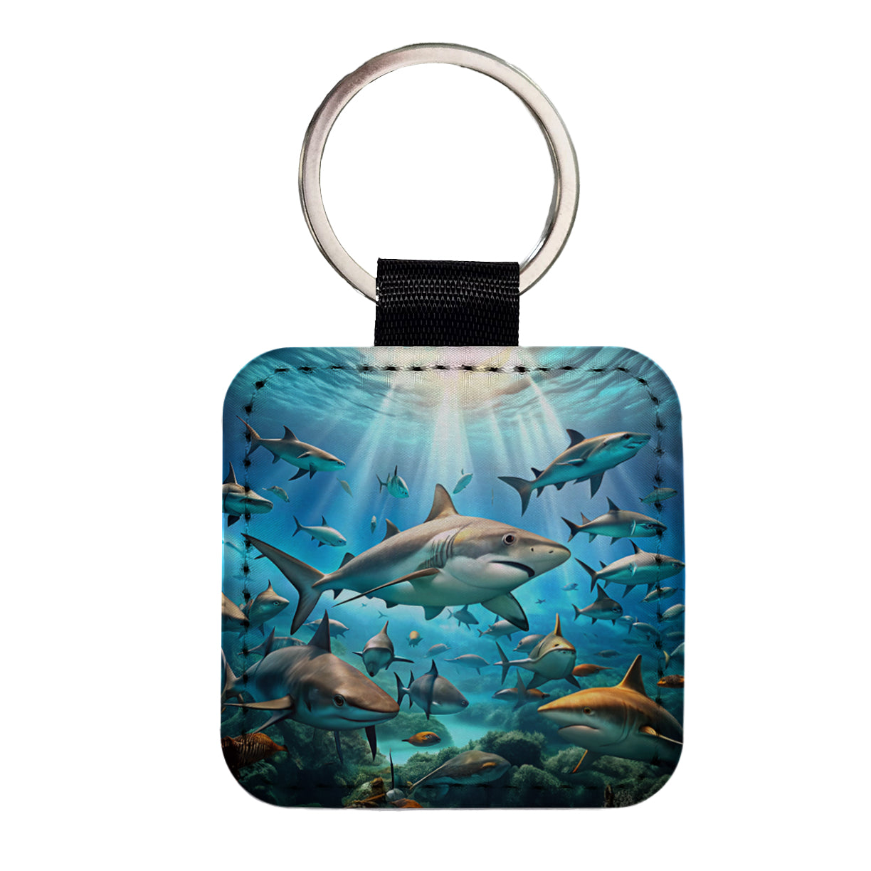 Lots Of Swimming Sharks Square Faux Leather Keychain