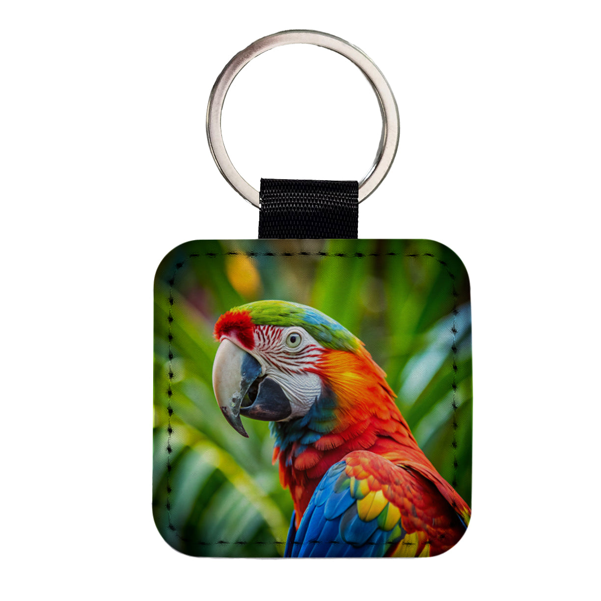 Macaw Parrot Bird Square Faux Leather Keychain