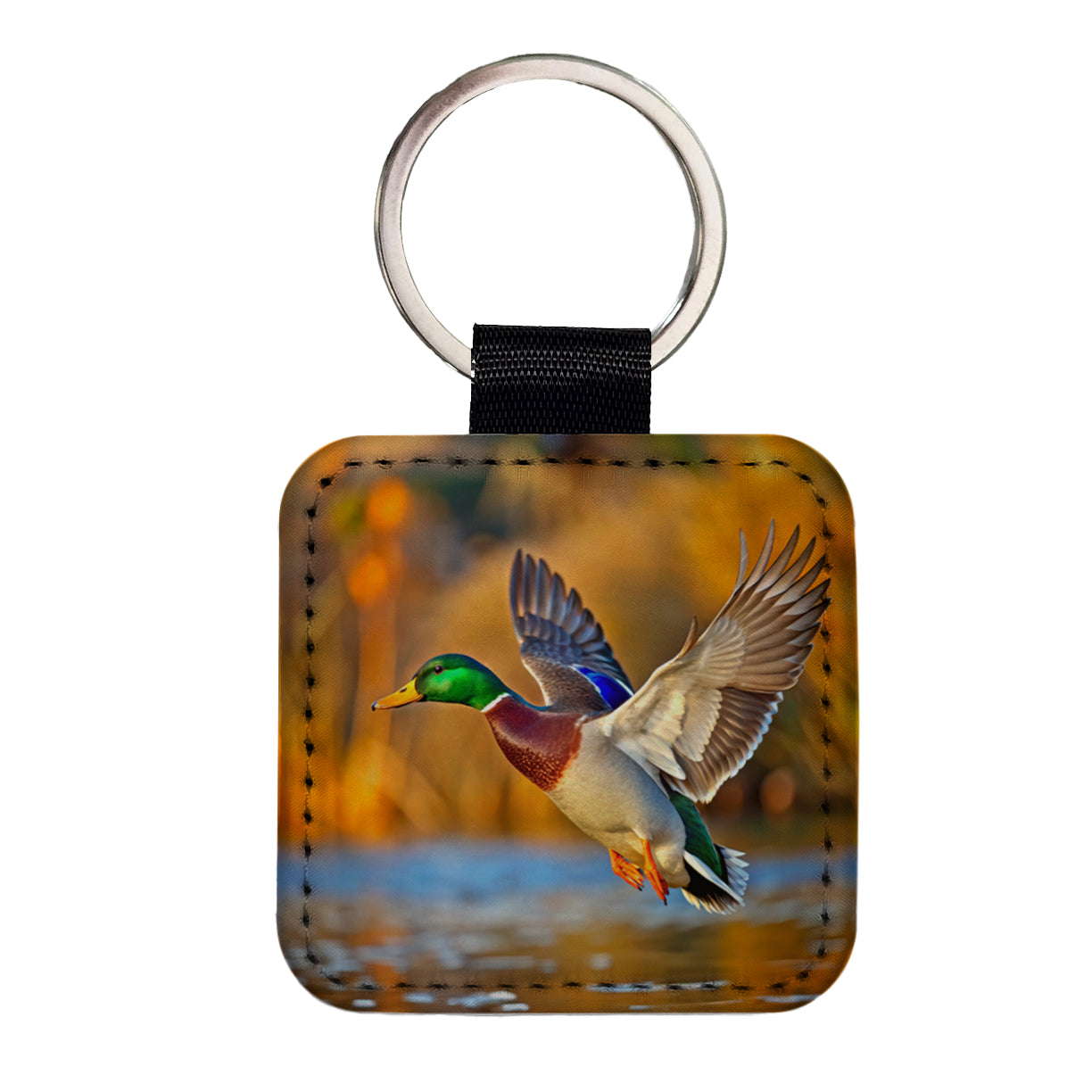 Mallard Duck Flying Square Faux Leather Keychain