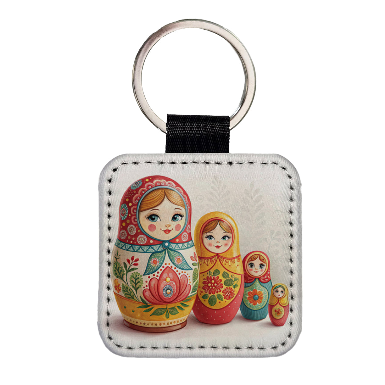 Matryoshka Russian Nesting Dolls Square Faux Leather Keychain