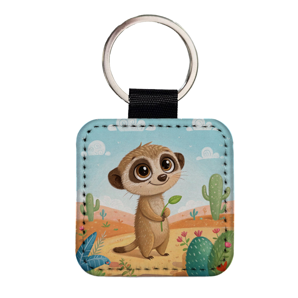 Meerkat Children's Illustration Style Square Faux Leather Keychain