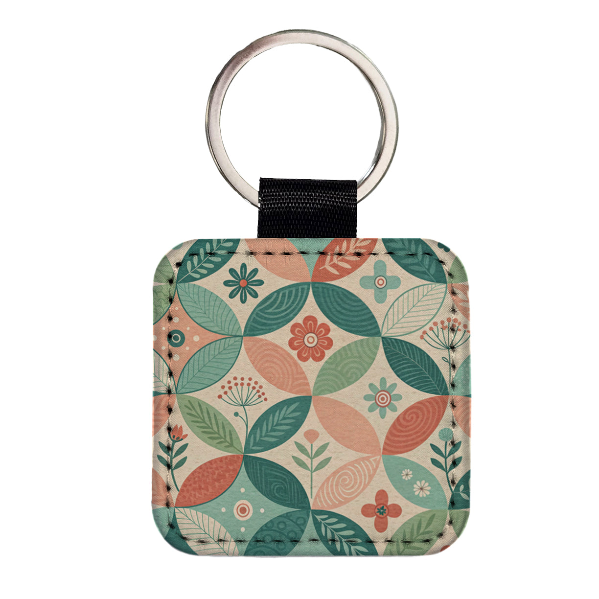 Mid-Century Flower Leaf Pattern Design Square Faux Leather Keychain