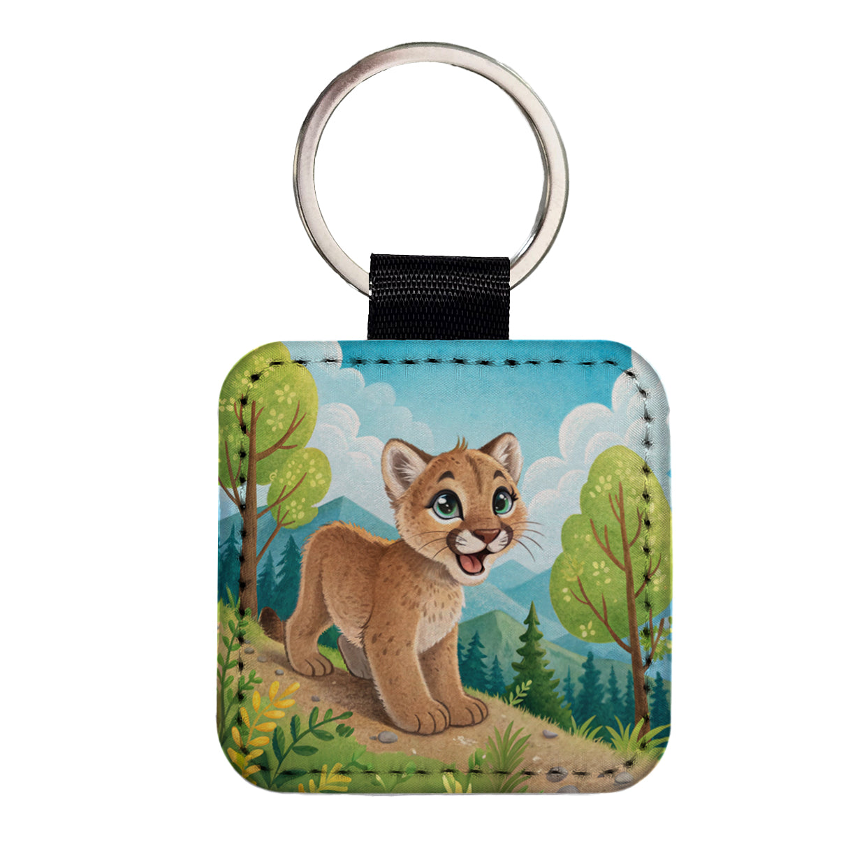 Mountain Lion Cougar Children's Illustration Style Square Faux Leather Keychain