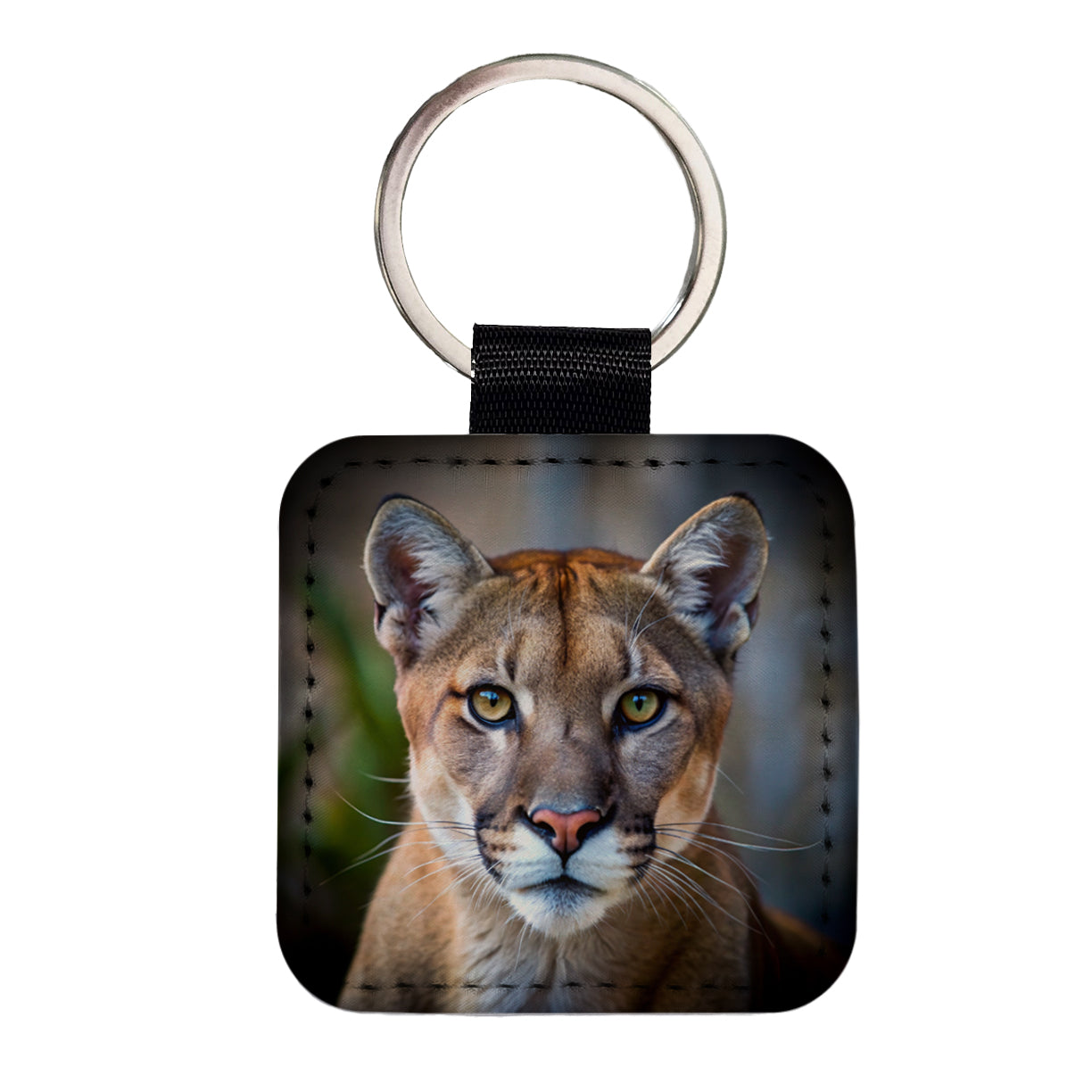 Mountain Lion Cougar Face Square Faux Leather Keychain