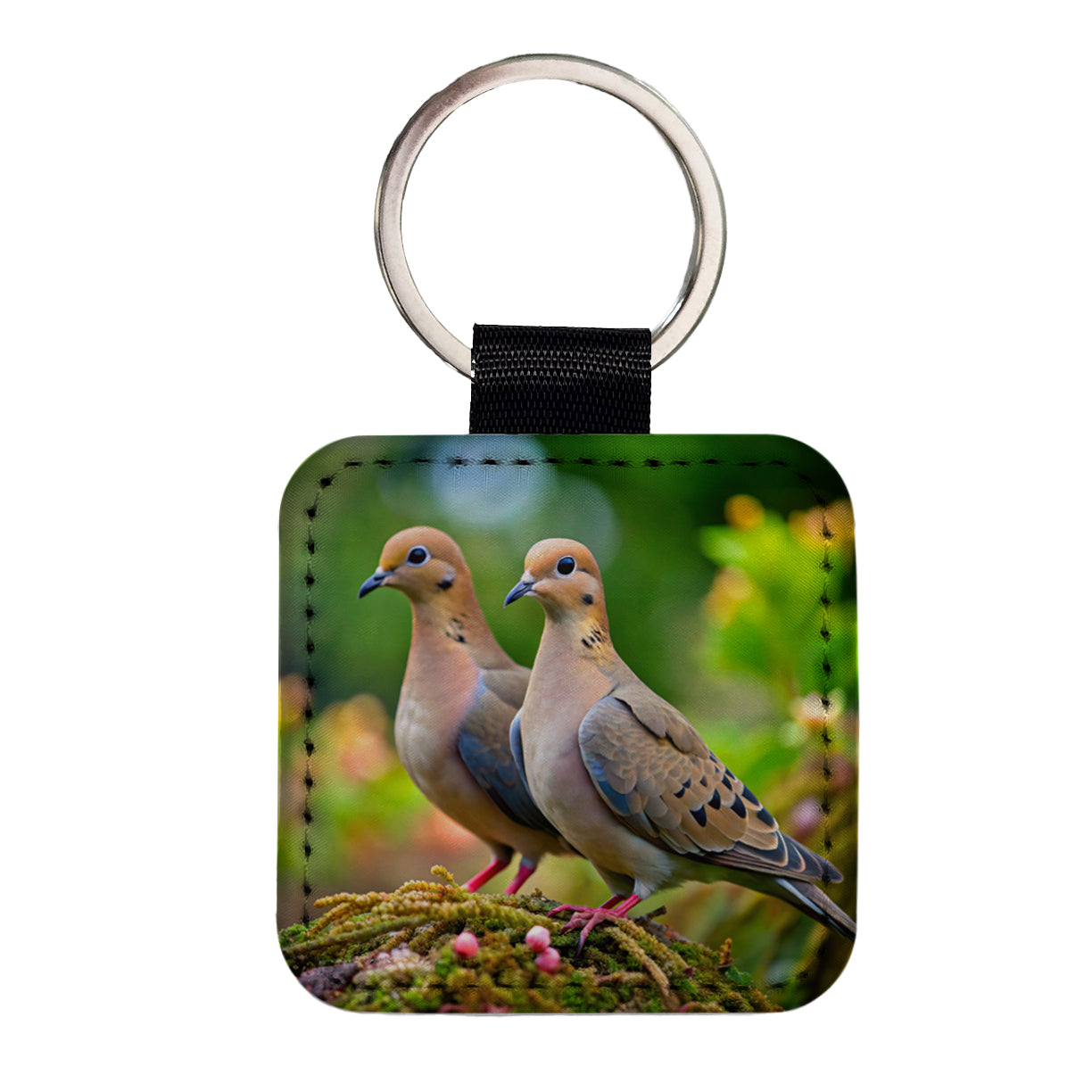 Mourning Doves Backyard Bird Square Faux Leather Keychain