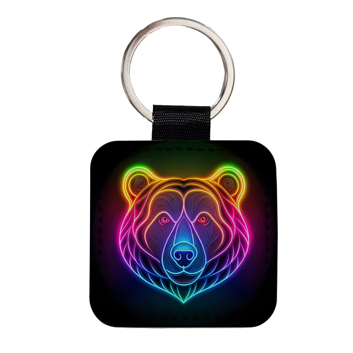 Neon Bear Face Square Faux Leather Keychain