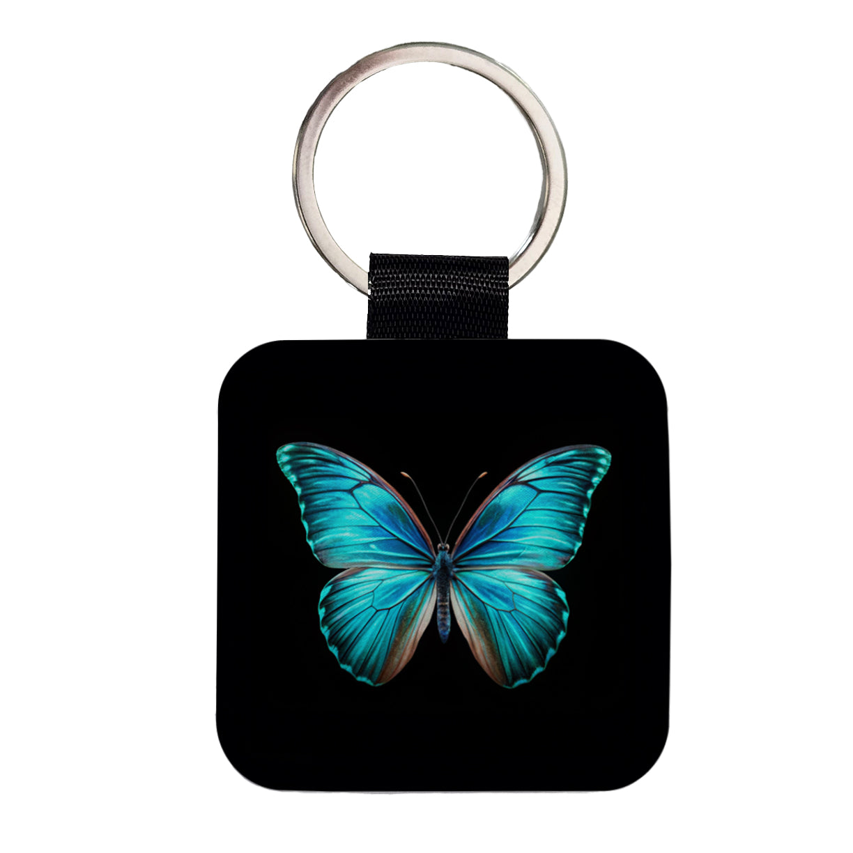 Neon Blue Teal Butterfly Square Faux Leather Keychain