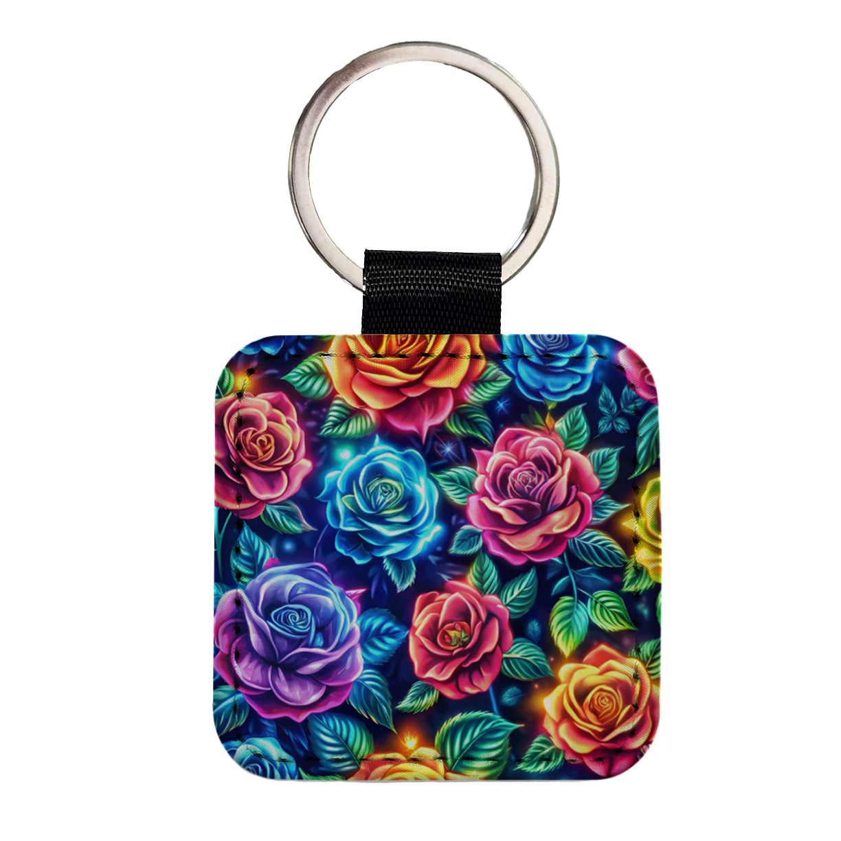 Neon Colorful Rose Floral Pattern Square Faux Leather Keychain