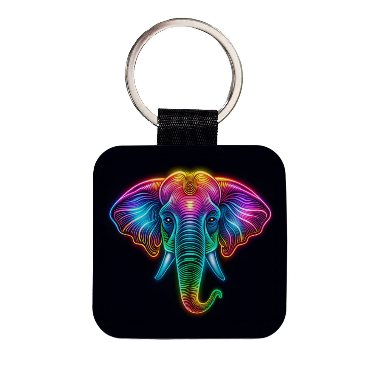 Neon Elephant Face Square Faux Leather Keychain