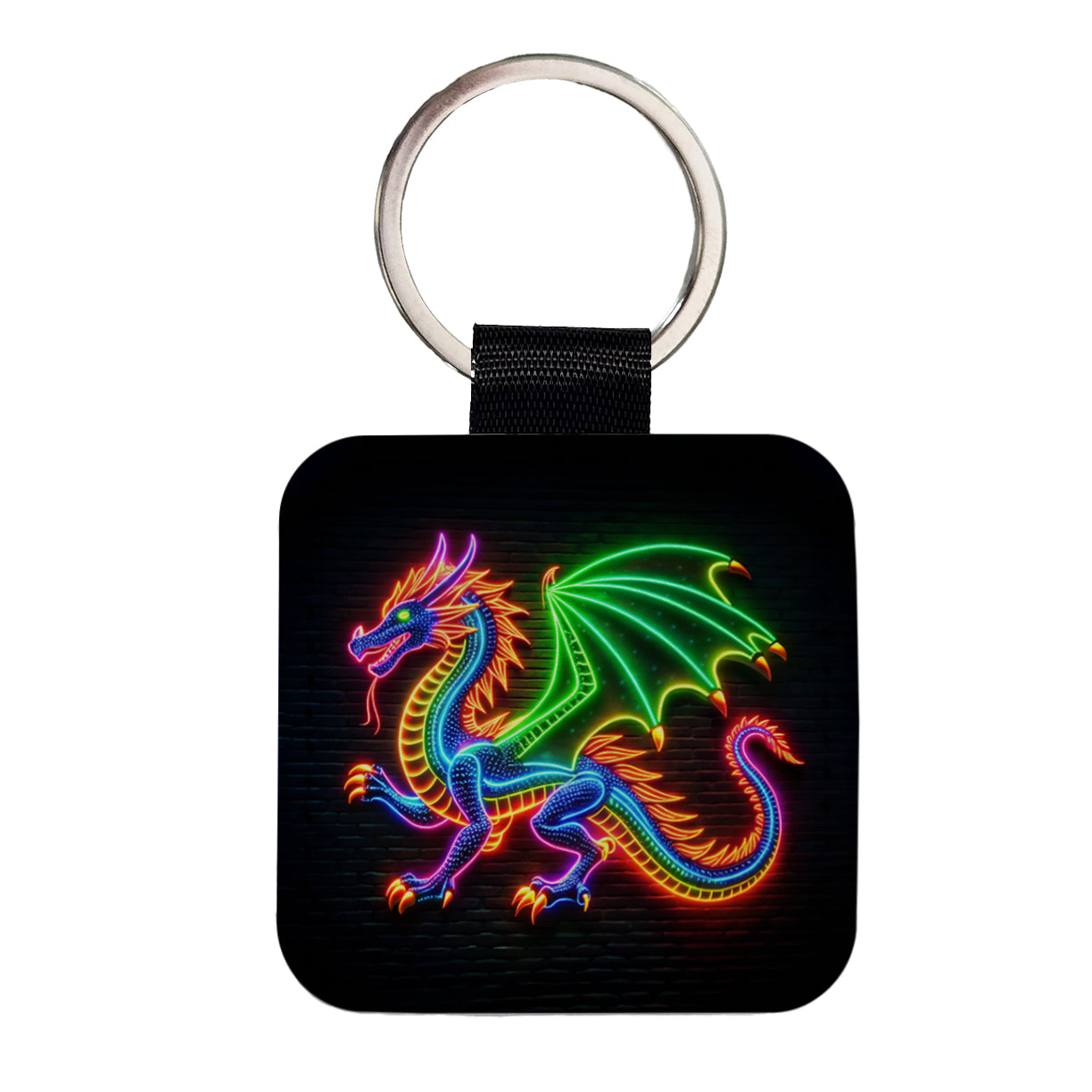 Neon European Dragon Square Faux Leather Keychain