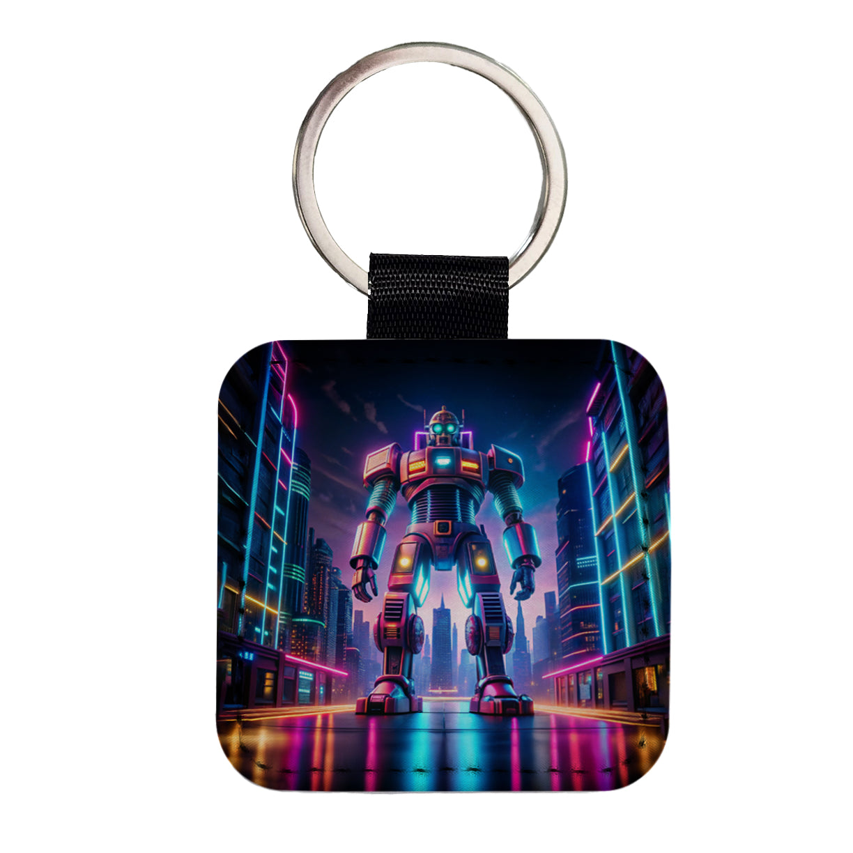 Neon Giant Sci-fi Robot Square Faux Leather Keychain