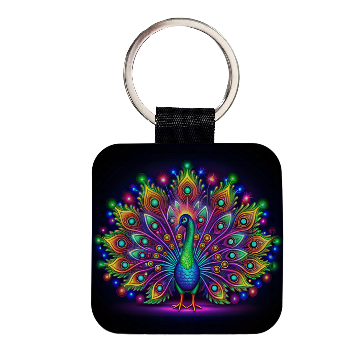 Neon Peacock Square Faux Leather Keychain