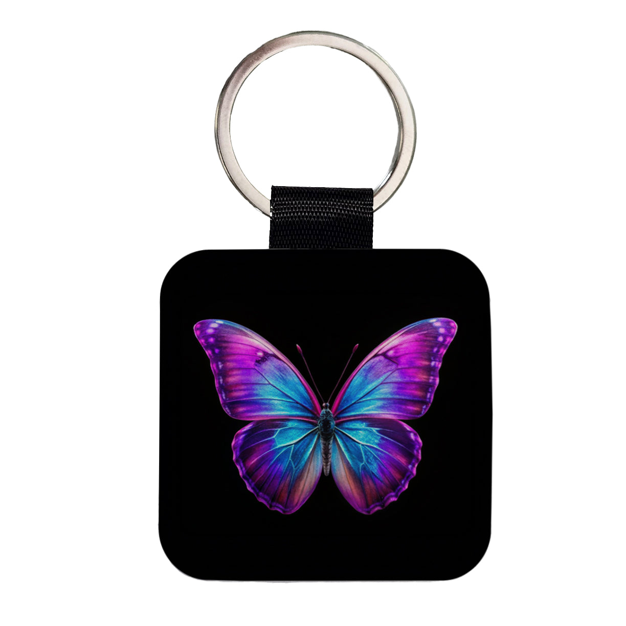 Neon Purple Blue Butterfly Square Faux Leather Keychain