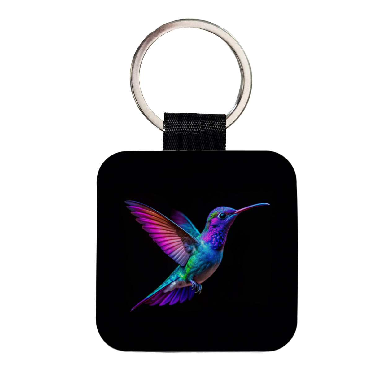 Neon Purple Blue Hummingbird Square Faux Leather Keychain