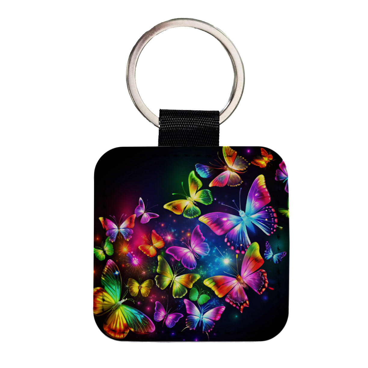 Neon Rainbow Butterflies Square Faux Leather Keychain