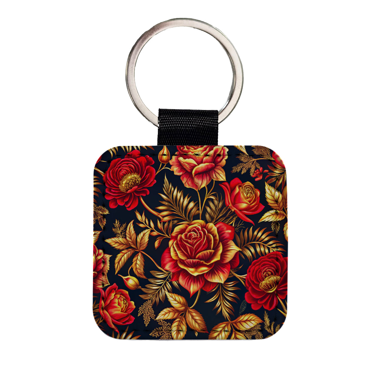 Neon Red And Gold Rose Floral Pattern Square Faux Leather Keychain