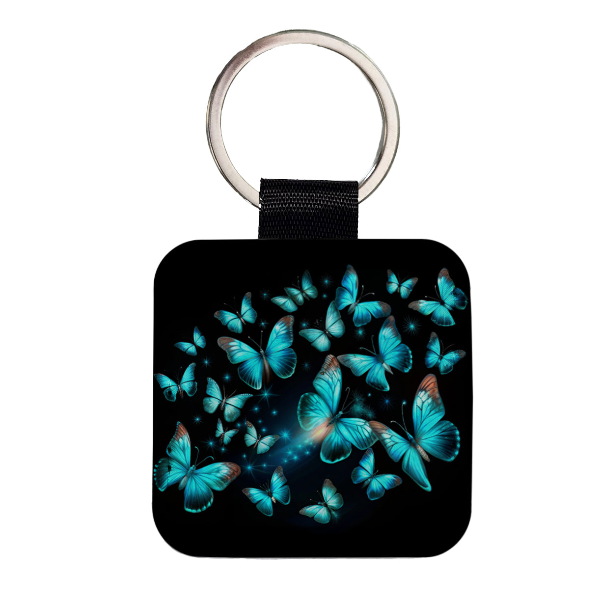 Neon Teal Blue Butterflies Square Faux Leather Keychain