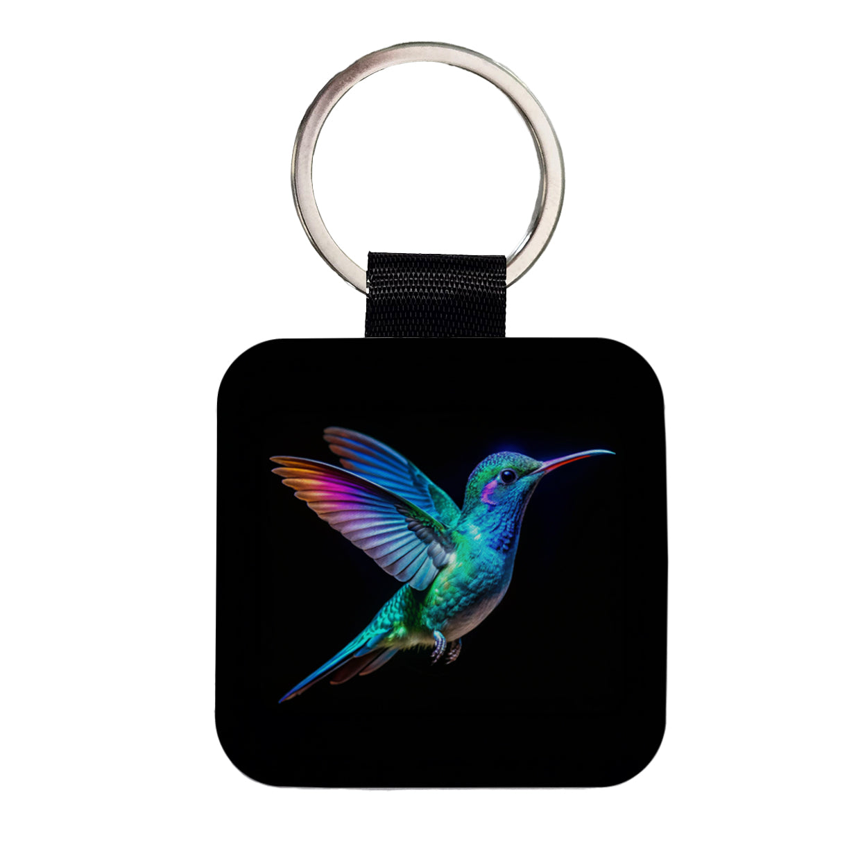 Neon Teal Blue Hummingbird Square Faux Leather Keychain