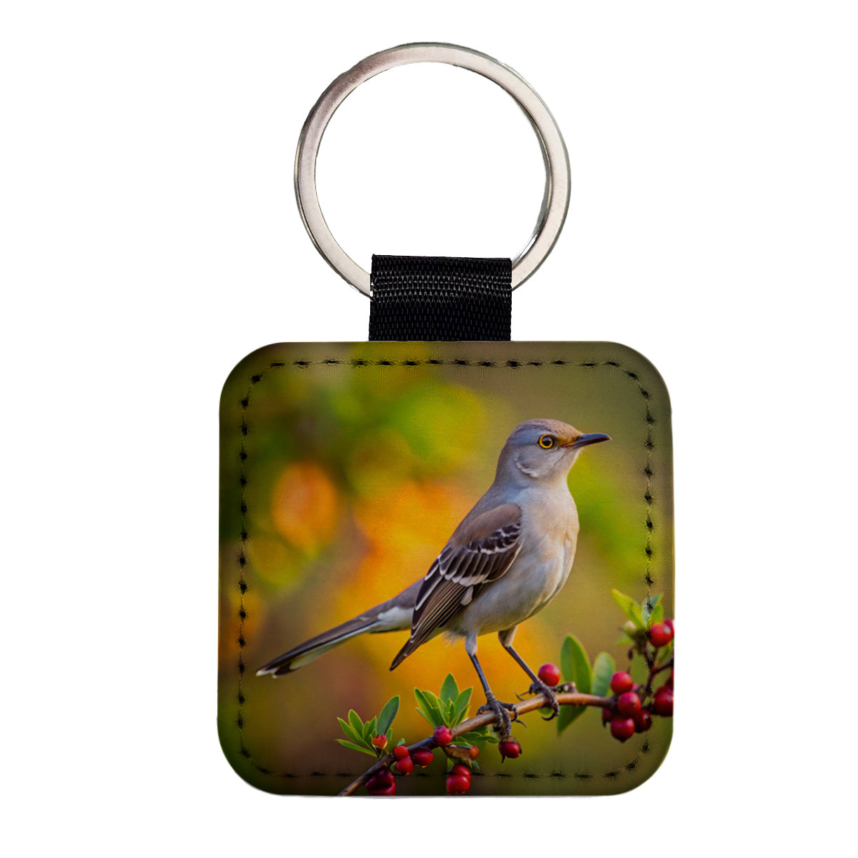 Northern Mockingbird Backyard Bird Square Faux Leather Keychain