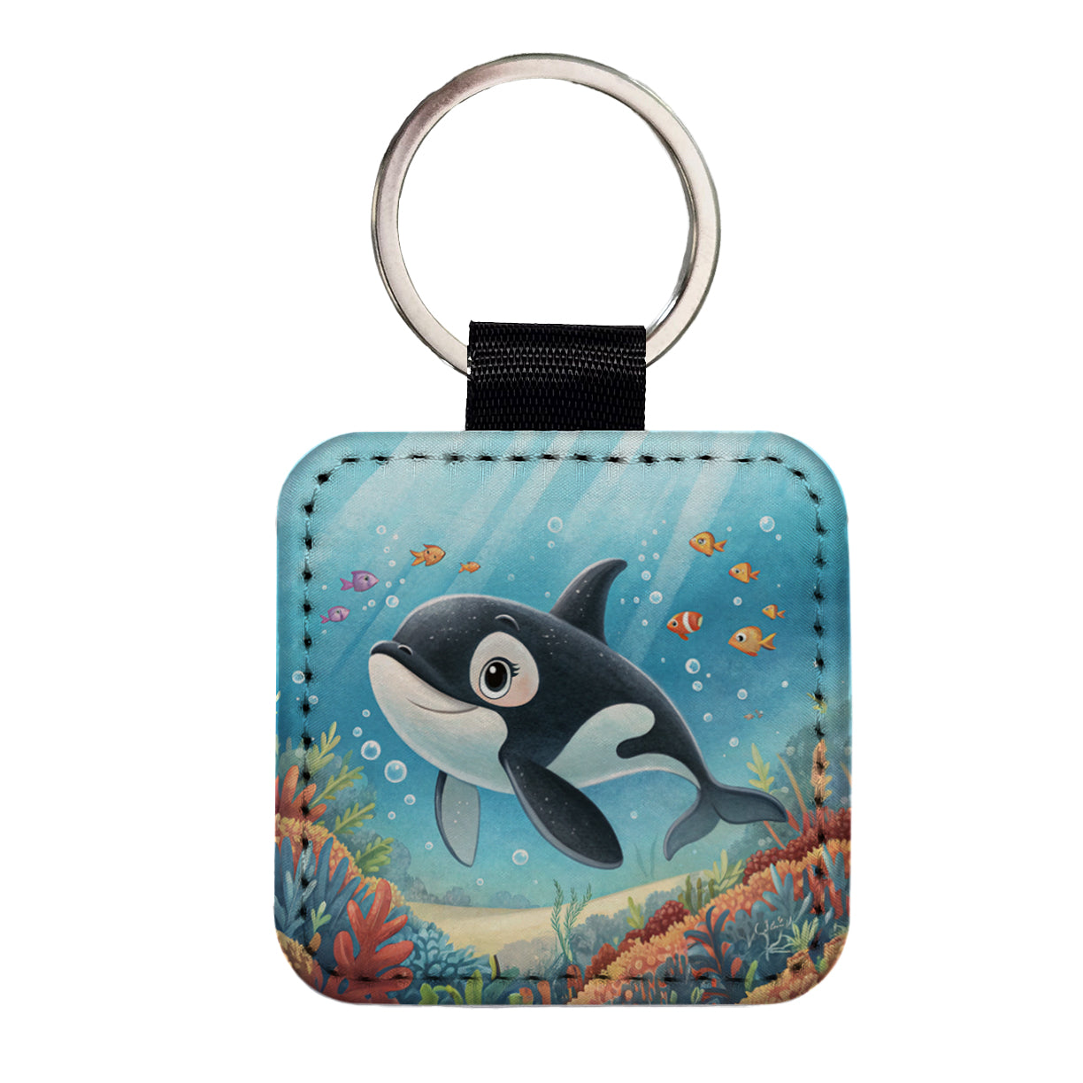 Orca Killer Whale Children's Illustration Style Square Faux Leather Keychain