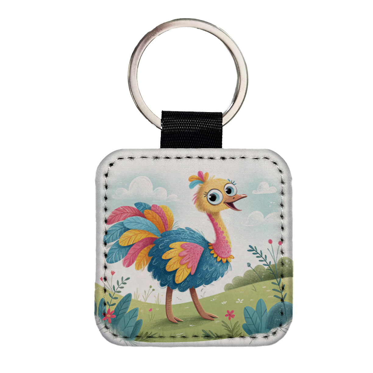 Ostrich Children's Illustration Style Square Faux Leather Keychain