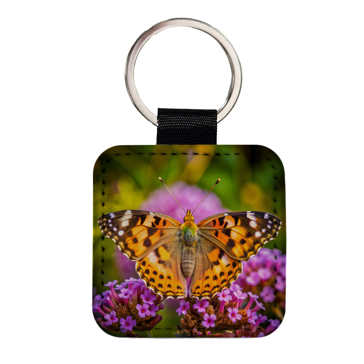 Painted Lady Butterfly Square Faux Leather Keychain